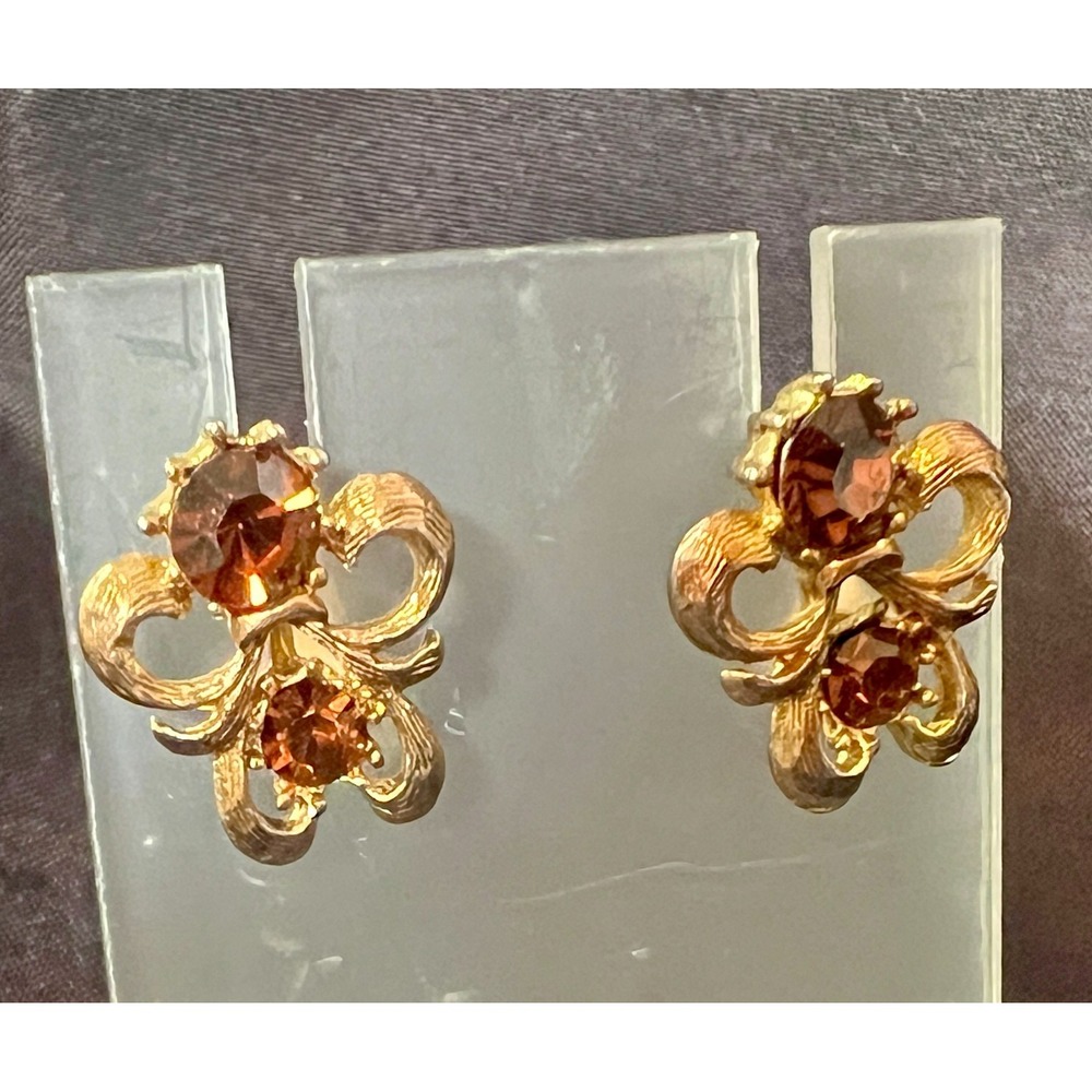 Vintage 1960s Gold Clip-On Earrings‎ Copper Orange Rhinestone Scroll Pat Pending
